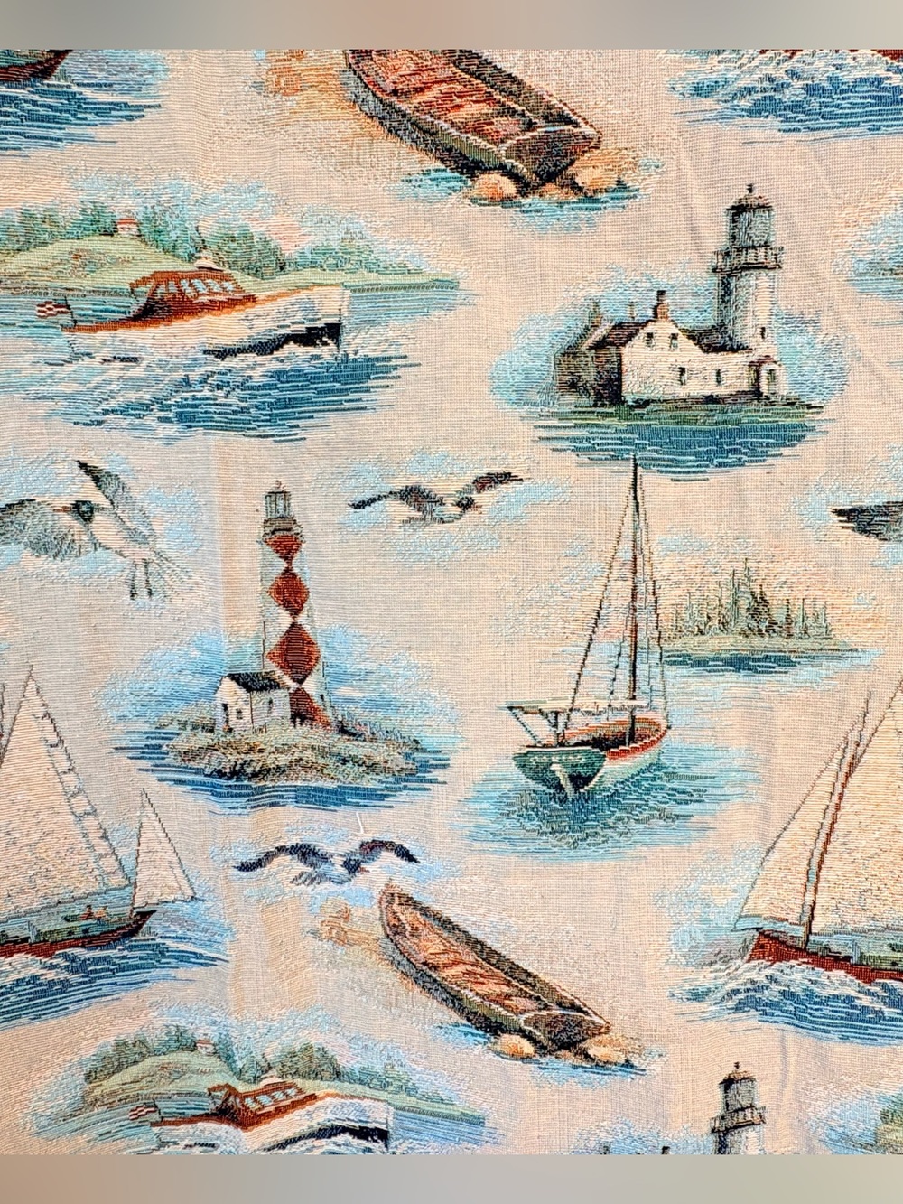 Vintage Jaccquard Nautical Sailing Lighthouse Tapestry Upholstery Fabric 60”x70”